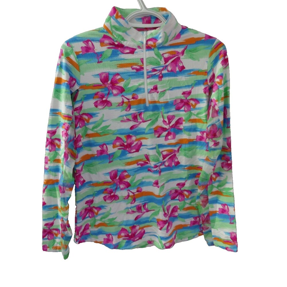 Ibkul Womens Small Pink Blue Floral 1/4 Zip Pullover Mesh Long Sleeve Active